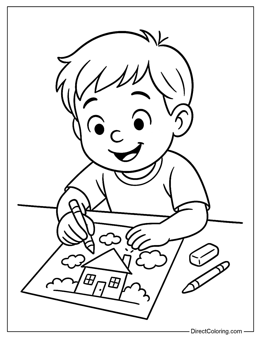 A coloring page where a child is drawing a dream house on paper, next to an eraser and crayons.